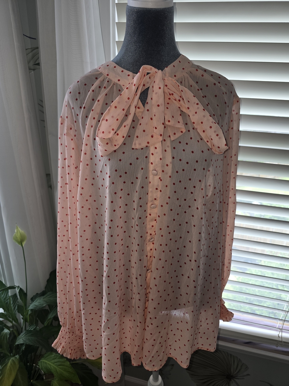 torrid Pink Sheer Red Polka Dot Tie-Neck Blouse